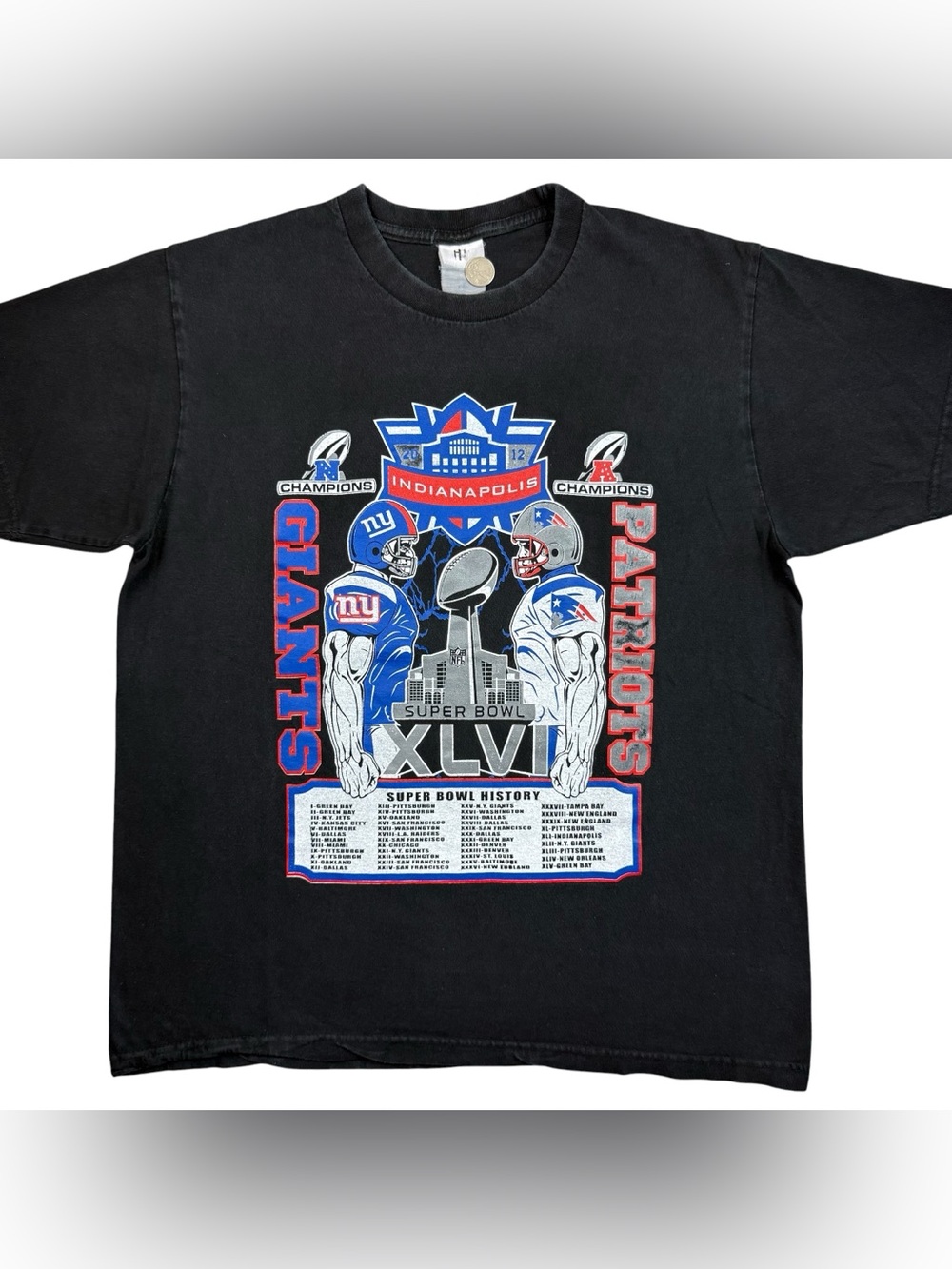Super Bowl XLVI New York Giants Beat Patriots 2-Sided 2012 Football t-shirt L